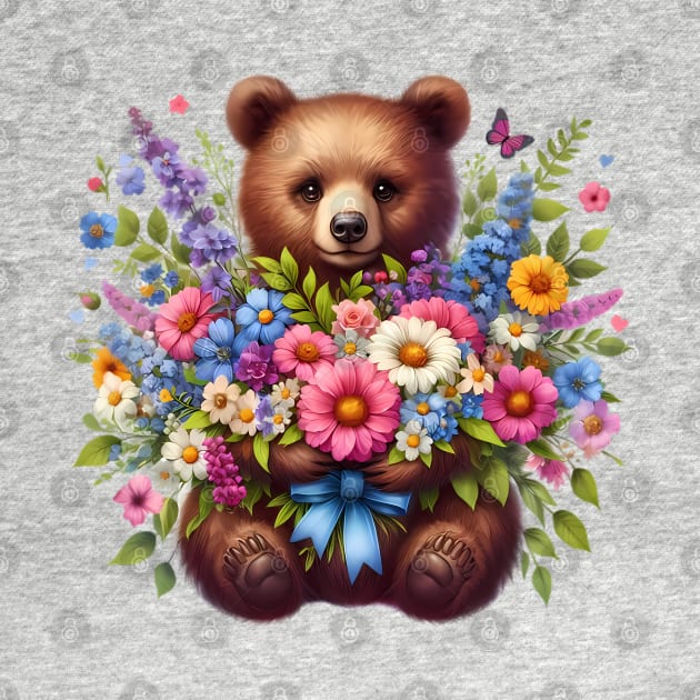 A brown bear decorated with beautiful colorful flowers. by CreativeSparkzz